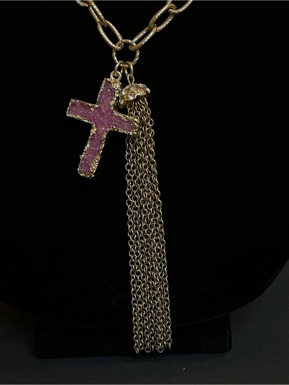 Gold Link Necklace with Purple Cross Pendant and Chain Tassel - Picture 4 of 6